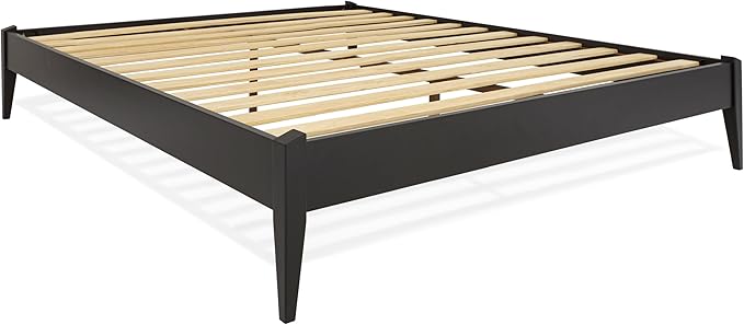 Bme Dinkee Queen Platform Bed Frame Wood 15 Inch - Solid Wood Bed Frame - Modern & Minimalist Style - 12 Strong Wood Slat Support - Easy Assembly - No Box Spring Needed - Black