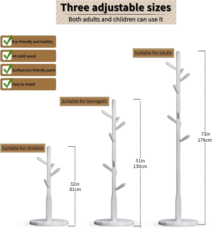 Solid Wood Round Base Coat Rack, Free Standing Hall Coat Tree with 8 Hooks（+2 spare for Coats, Hats, Bags, Purses, for Entryway, Hallway, Rubberwood Hooks,Base and Pole(Round Base,White)