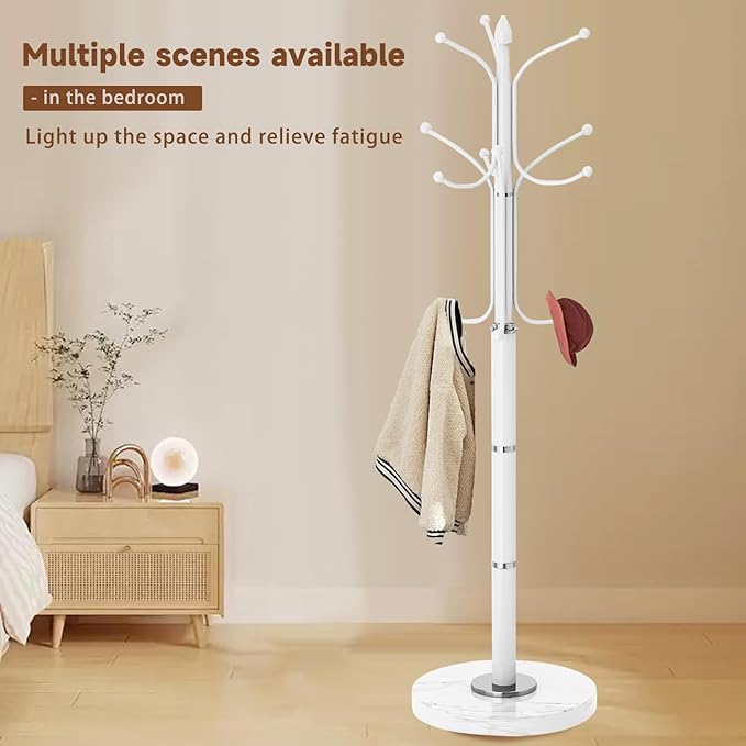 Metal Coat Rack Freestanding, Sturdy Coat Rack Stand with Natural Marble Base, White Coat Racks Tree Hats Hanger Holder Stand for Entryway, Hallway(12 Hooks)