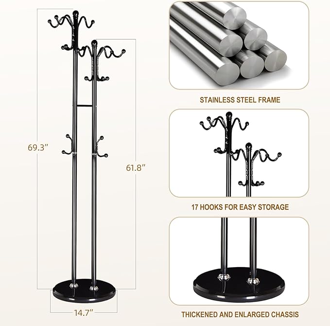 Coat Rack with Natural Marble Base, Metal Modern Coat Racks Freestanding, Coat Rack Stand with 12 Hooks, Coat Tree Hats Hanger Stand for Entryway, Hallway (17 Hooks-Black)