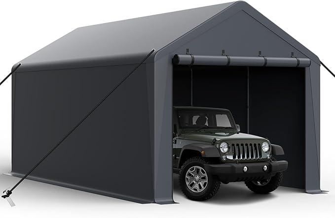 10x20FT Heavy Duty Portable Carport - All-Weather Enclosed Shelter for Cars, Trucks, SUVs & Boats, Waterproof & UV-Resistant Canopy with Removable Sidewalls, Doors, Ground Stakes (Gray)