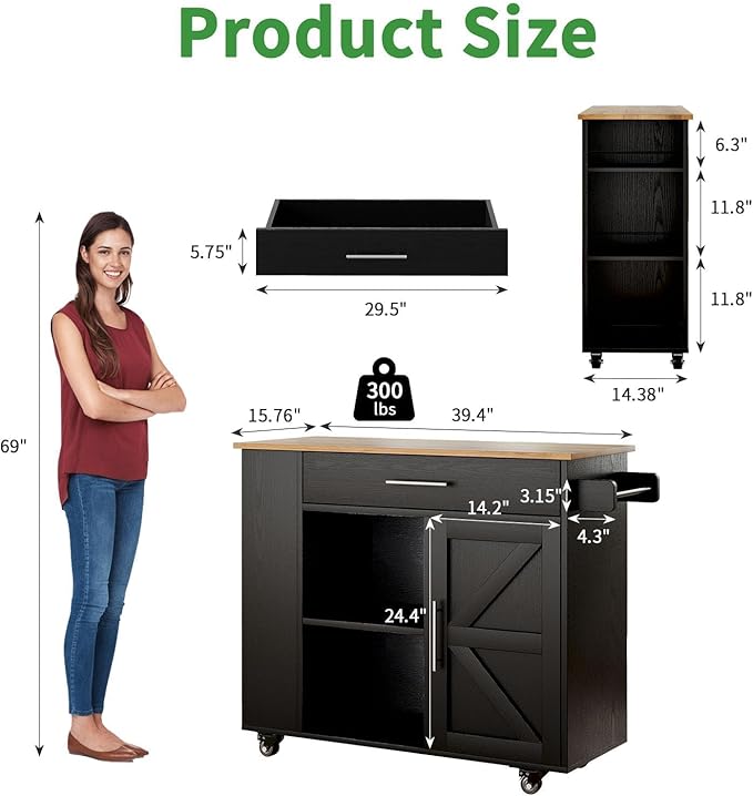 4 EVER WINNER Kitchen Island Cart with Storage, Kitchen Island with Spice Rack & Towel Rack & Open Shelves, Rolling Kitchen Cart with Storage Cabinet and Drawer, Island Table for Kitchen,Black