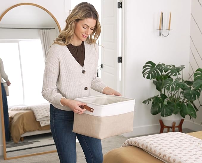 OrganiHaus Large Fabric Storage Baskets for Shelves 3 Pack, 15x11in Closet Storage Bins for Shelves, Cloth Baskets for Organizing, Linen Closet Organizers, Fabric Basket, Gray/White