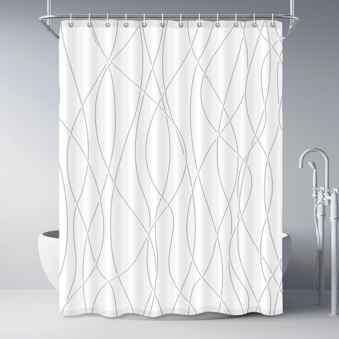 Punkray Grey Shadow Shower Curtain for Bathroom with Hooks, Extra Long Shower Curtain Set Stripe Bath Curtains Decor White Shower Curtains Weighted Hem Washable, 72 x 84