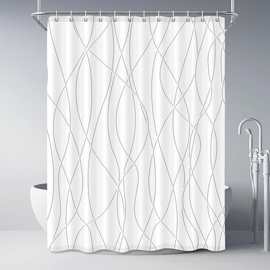 Punkray Grey Shadow Shower Curtain for Bathroom with Hooks, Extra Long Shower Curtain Set Stripe Bath Curtains Decor White Shower Curtains Weighted Hem Washable, 72 x 84