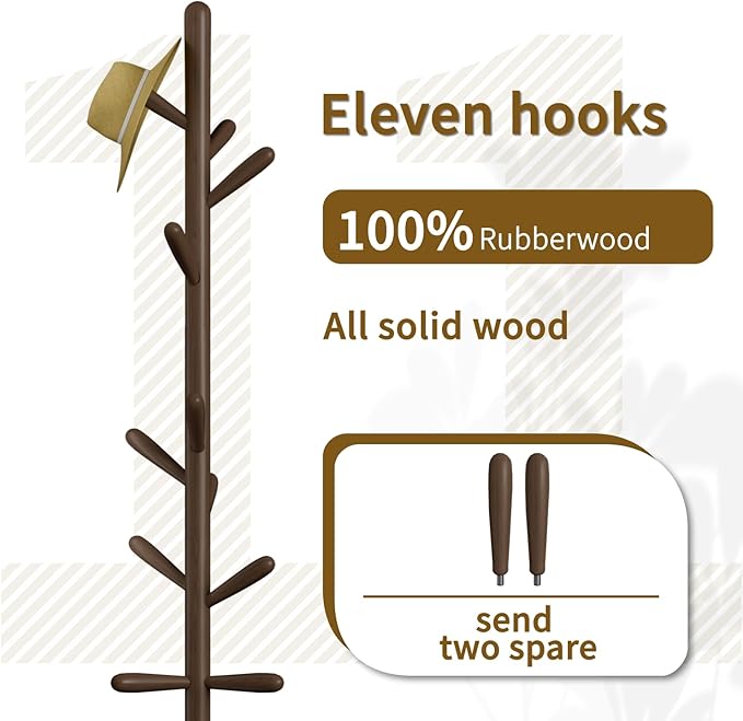 Solid Wood Coat Rack, Freestanding Tree-Shaped Coat Rack with 11 Hooks, Main Pole 1.6" dia,for Clothes, Hat Stand Used in Bedroom/Office/Entryway (3-Leg Base, Dark Walnut)