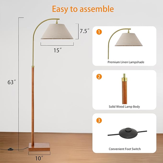 63" Floor Lamp for Living Room with Foot Switch Wood Standing Lamp Tall Lamp Mid Century Modern Arc Floor Lamps for Bedroom Office Industrial Reading