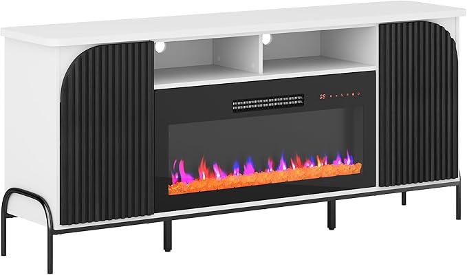 BELLEZE 68" Fluted TV Stand with 36" Electric Fireplace, Modern Entertainment Center with Storage for TVs Up to 75", Media Console with Curved Panel & Door,TV Cabinet for Living Room Bedroom (White)