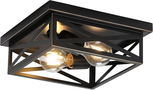 Farmhouse Flush Mount Ceiling Light for Kitchen,2-Light Modern Rustic Metal Finish Industrial Kitchen Ceiling Light Fixture for Bedroom, Hallway Entryway(Black & Gold Border)