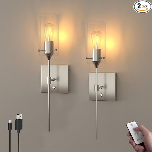 Battery Operated Wall Sconce with Remote Control Set of 2, Dimmable Wall Light Fixture Rechargeable, Nickel Wireless Wall Mount Lamp for Living Room Bedside Hallway Lounge, Bulb Included