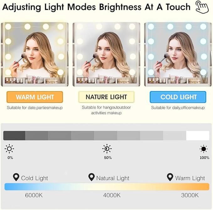 Vabches Makeup Vanity Desk with Lights, 3 Lighting Colors, White Vanity Set Makeup Table, Large Vanity with 3 Drawers, 2 Cabinets and Multiple Shelves, 45.2in