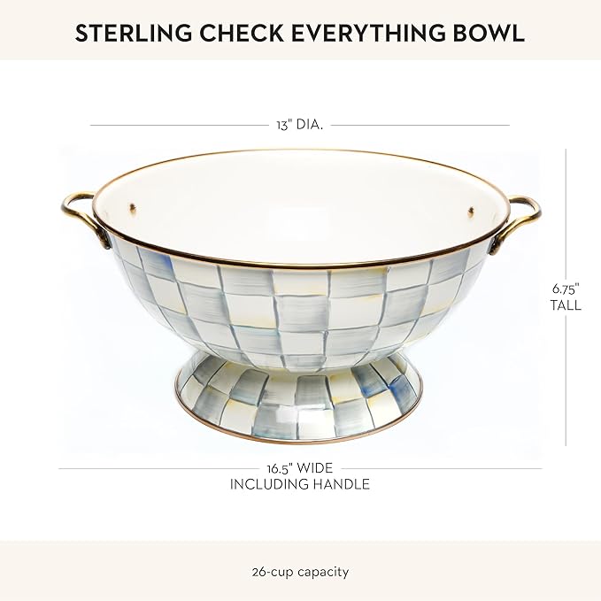 MACKENZIE-CHILDS Enamel Bowl, Serving Bowl for Entertaining, Everything Bowl, Gray-and-White Sterling Check