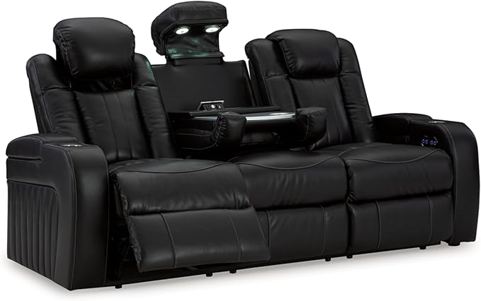 Signature Design by Ashley Caveman Den Modern Faux Leather Power Reclining Sofa with Adjustable Headrest, Drop Down Table, Electrical Outlets and LED Reading Lights, Black