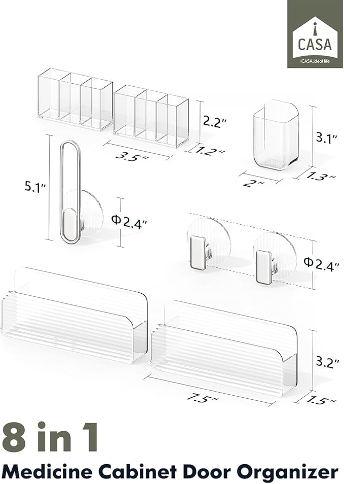Medicine Cabinet Door Organizer, 8-Pack Bathroom Mirror Cabinet Door Storage, Clear Acrylic Cosmetic Display Case Adhesive Wall-Mounted Shelves Vanity Makeup Organizers Caddy Holder for Lipstick