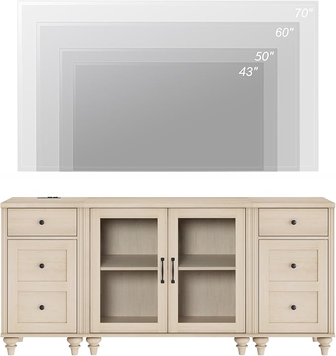 WAMPAT TV Stand for 75 Inch TV, Wood TV Cabinet Entertainment Center with Charging Station, Glass Door Buffet Cabinet for Dining Room, Light Oak