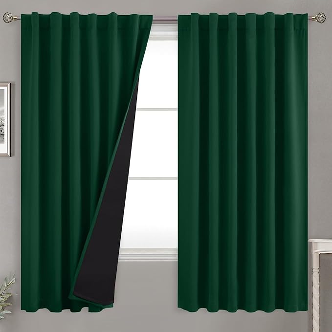 BGment 100% Thermal Insulated Blackout Curtains 63 Inches Long with Liner, Rod Pocket and Back Tab Double Layer Noise Reduce Room Darkening Curtains for Bedroom (52 x 63 Inch, 2 Panels, Emerald)