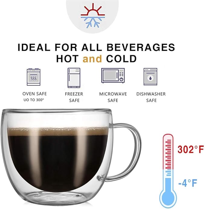 CNGLASS 8oz Double Wall Glass Coffee Mugs,Clear Insulated Espresso Glass Mugs with Handle for Latte,Cappuccino,Coffee,Set of 4