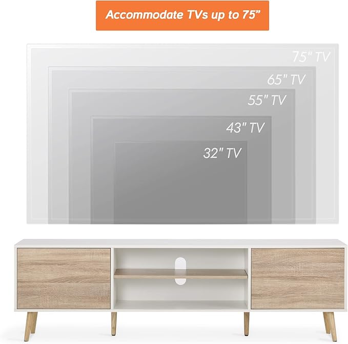 WAMPAT Mid Century Modern TV Stand for TVs up to 75 inches, Wood TV Console Media Cabinet with Storage, Entertainment Center for Living Room Bedroom, White and Oak, 70 inch