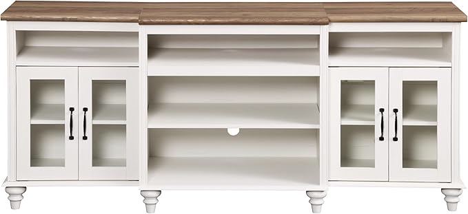 WAMPAT Farmhouse TV Stand with Blue LED Light, 4-Door Glass Wood Entertainment Center with 9 Storage Cabinets, Media Console Table for Living Room Bedroom，70'', Antique White