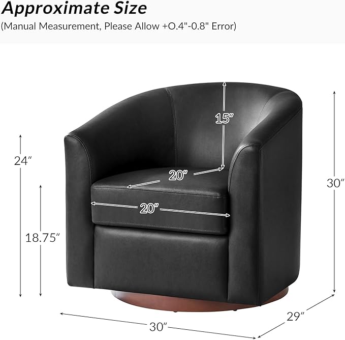 HULALA HOME Faux Leather Swivel Accent Chairs Set of 2 with Solid Wood Base, Round Swivel Barrel Chairs for Living Room and Bedroom, Black