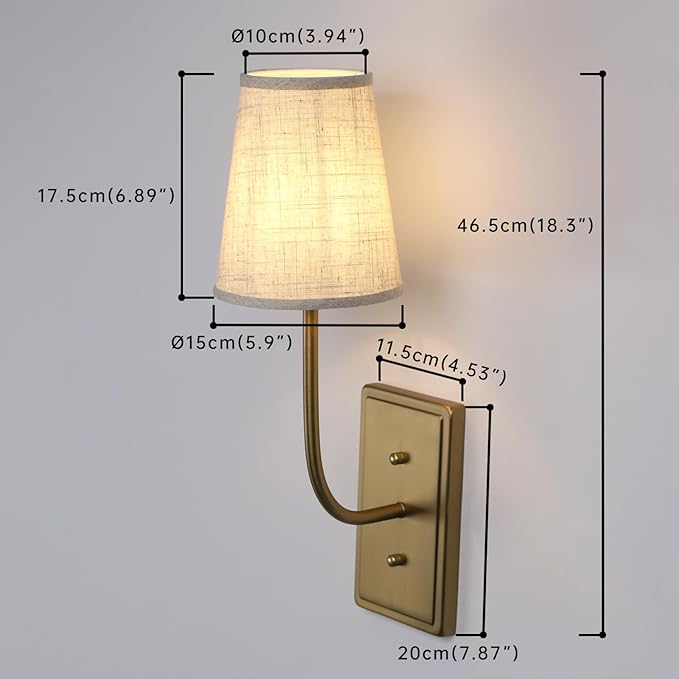 Vintage Brass Wall Sconce 1-Light, Linen Fabric Shade Wall Lamp Hardwired Indoor Wall Light for Bedroom Living Room Vanity Bathroom