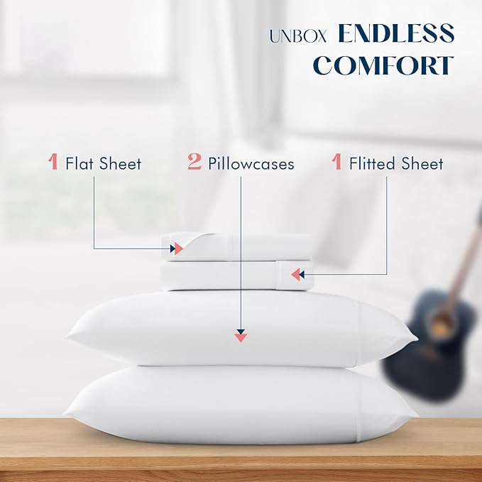 XOOX Linen King Sheet Sets Cotton - 500 Thread Count 100% Cotton King Sheets Set, 4 PC (White), Luxury Soft, Cooling, Breathable 16" Deep Pocket Sateen Weave Hotel Bedsheets Set