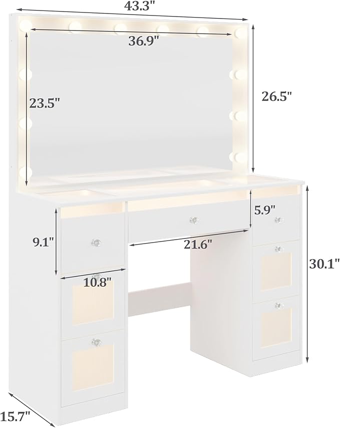 Vanity Desk with Mirror and Lights 3 Colors, Glass Top Vanity with 7 Lighted Drawers & Power Outlet, Makeup Desk with Mirror for Women & Girls, Dressing Table for Bedroom, White