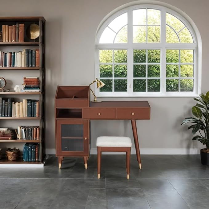 43.9" Modern Vanity Desk, Minimalist Makeup Vanity Table with Drawers, Cabinet & Chairging Port,Fabric Small Stool, Space-Saving Dressing Table Set for Bedroom Apartment Home Small Space