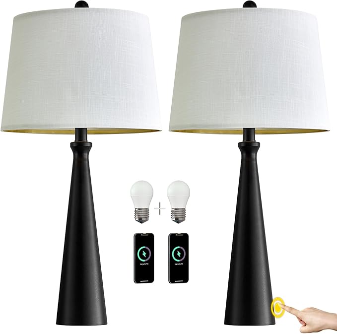 Oneach 25.75" Table Lamps Set of 2 for Living Room Bedroom, Bedside Lamp 3-Way Dimmable Touch Control, Modern Black Nightstand Light Fabric Shade Vintage Accent Style