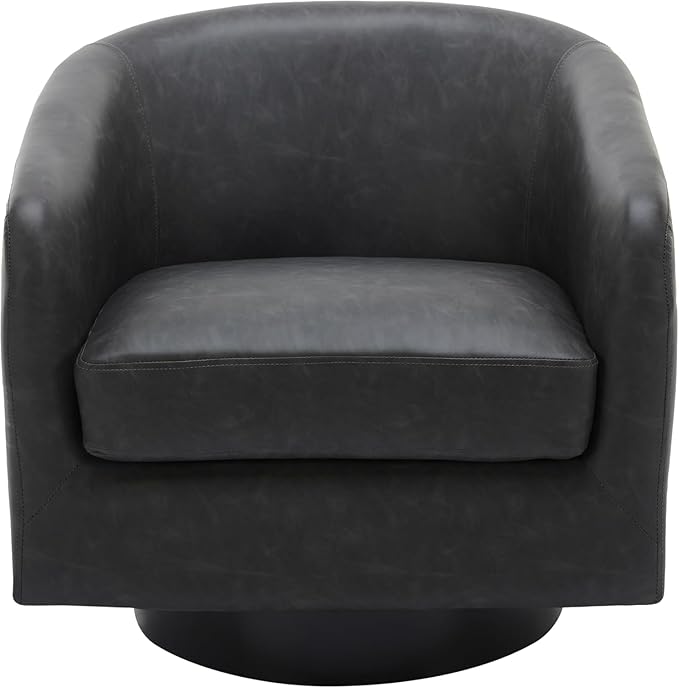 UIXE PU Leather Swivel Accent Chairs, Modern Upholstered Barrel Club Chair for Living Room, Round Armchair Single Sofa Bedroom Side Reading Seat - Charcoal Black, Set of 2