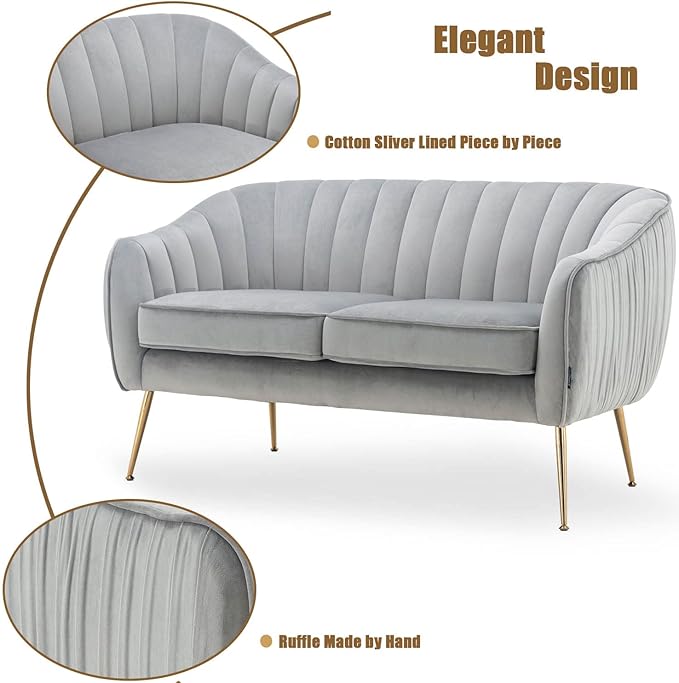 Velvet Couch Sofa Chairs for Two People, Modern Loveseat for Living Rooms, Bedrooms, Small Spaces, Golden Finished, Grey