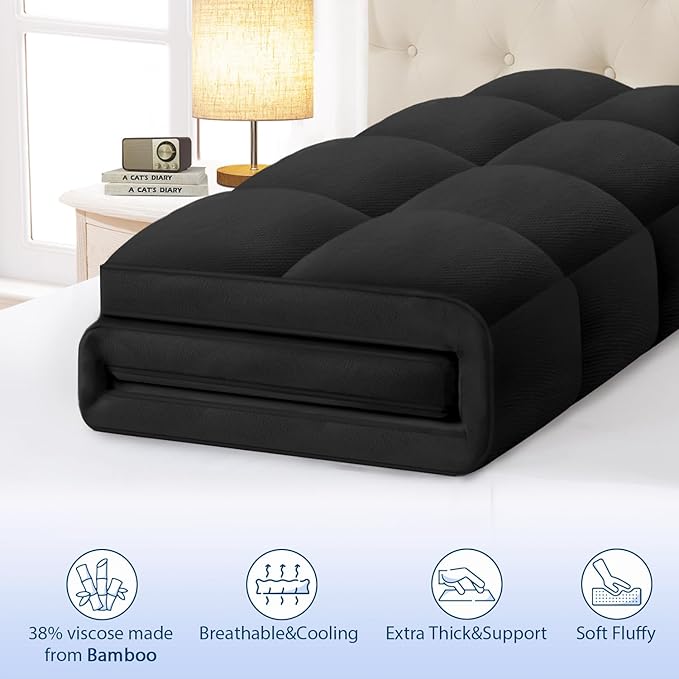ELEMUSE California King Black Cooling Bamboo Viscose Mattress Topper for Back Pain, Extra Thick Mattress Pad Cover, Plush Soft Pillowtop with Elastic Deep Pocket, Overfilled Down Alternative Filling