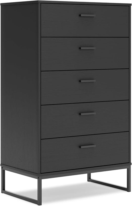 Signature Design by Ashley Socalle Modern 5 Drawer Chest with Safety Stop and Metal Legs for Bedroom, Black