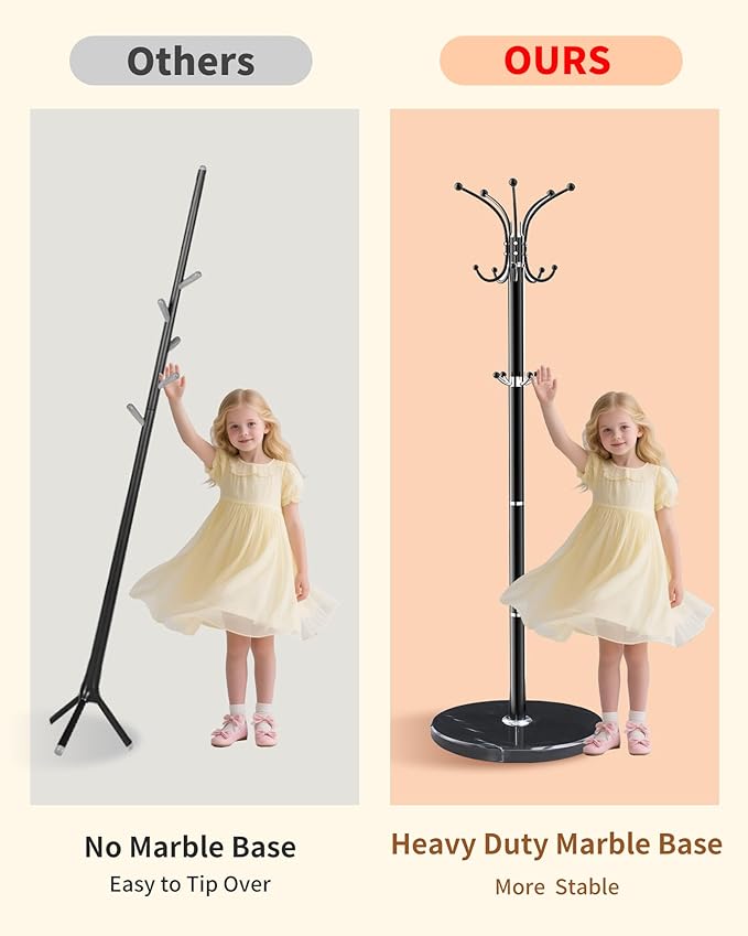 Metal Coat Rack with Natural Marble Base,360°Rotary Coat Rack Stand with 14 Hooks,Modern Freestanging Coat Racks for Entryway,Office,Black Coat Jacket Hanger Tree Stand for Coats, Scarves