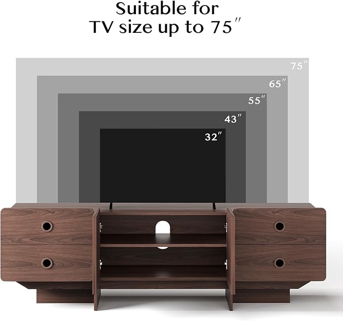 66" Fluted TV Stands for Living Room, Mid Century Modern TV Consoles for 75 inch TV, Entertainment Center with Storage, Media Console with Adjustment Shelf(Walnut)