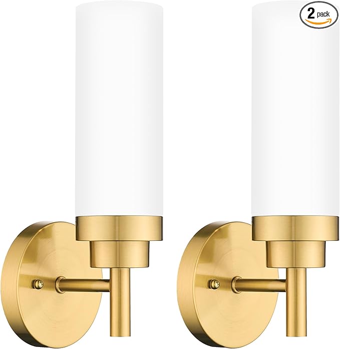 Emak Wall Sconces Set of 2, Modern Brushed Gold Bathroom Vanity Sconce Wall Lighting with Milk Glass Shade for Bathroom, Bedroom, Living Room, Hallway, WS085-BGD-ML-2PK