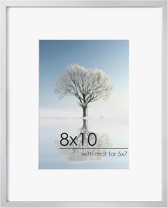 8x10 Picture Frame - Metal Frame With Mat 5x7 | 8 x 10 Aluminum Photo Frame | Plexiglass And Hanging Hardware Included | Black 8x10 Picture Frame | Silver