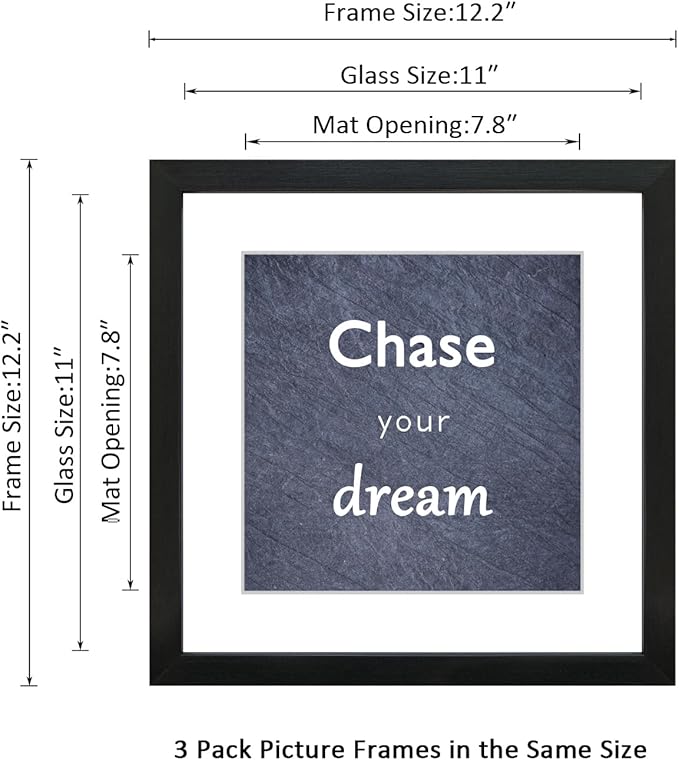 11x11 Picture Frame Set of 3 with Real Glass for Pictures 8x8 with Mat or 11x11 Without Mat, Wall Gallery or Tabletop display Photo Frames in Black