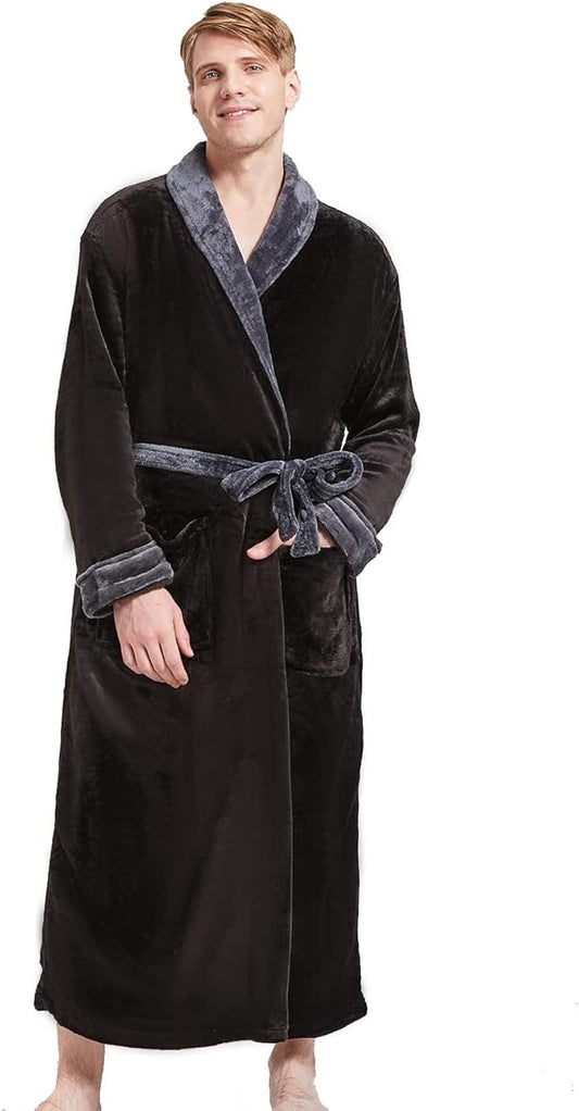 FashGudim Mens Robes Big and Tall Full Length Plush Fleece Long Robe for Men Bathrobe Shawl Collar Warm Winter House Robes