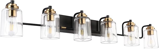 SOLFART Vintage Wall Vanity Lights for Bathroom Vanity Light 40 inch Black Globe Light Metal with Clear Glass Brass Fixtures Wall Mount Lighting Sconce 6 Light
