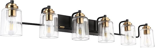 SOLFART Vintage Wall Vanity Lights for Bathroom Vanity Light 40 inch Black Globe Light Metal with Clear Glass Brass Fixtures Wall Mount Lighting Sconce 6 Light