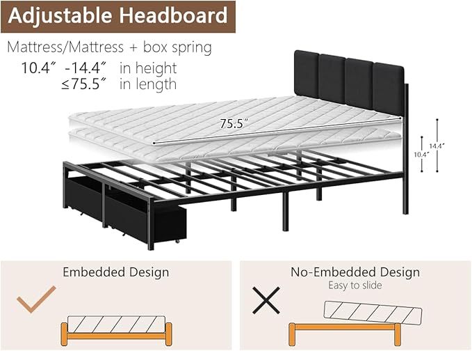 Furnulem Full Size Bed Frame with Headboard,Upholstered Bed Full with LED Light,USB Charging Station,Platform Bedframe with 2 Fabric Underbed Storage Drawers,No Spring Box Needed
