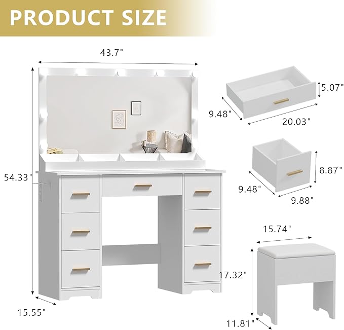 Makeup Vanity Desk with Large Lighted Mirror and Lights, Glass Top Vanity Table Set with 7 Drawers, Power Outlet & Storage Stool, Dressing Table with RGB Ambient Light for Women Girls Bedroom, White