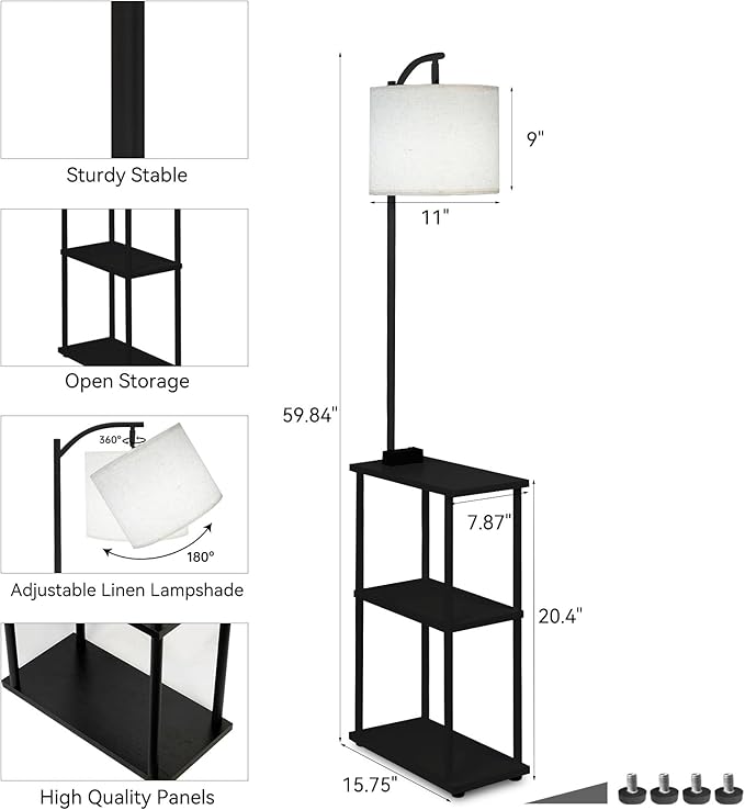 Floor Lamp with Table, Narrow Side Table with USB-A/USB-C Charging Station and AC Port, 3 Color Temperatures 12W LED Bulb, End Table for Bedroom, Living Room and Home Office, Black
