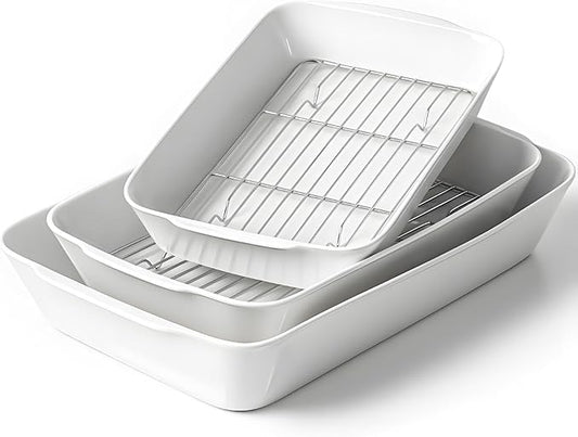 Casserole Dishes for Oven, Ceramic Baking Dishes Set of 3 with Roasting Racks, Rectangular Lasagna Pan with Handles for Baking, Gift, Dinner Microwave Oven Safe（2QT/3QT/4.2QT）