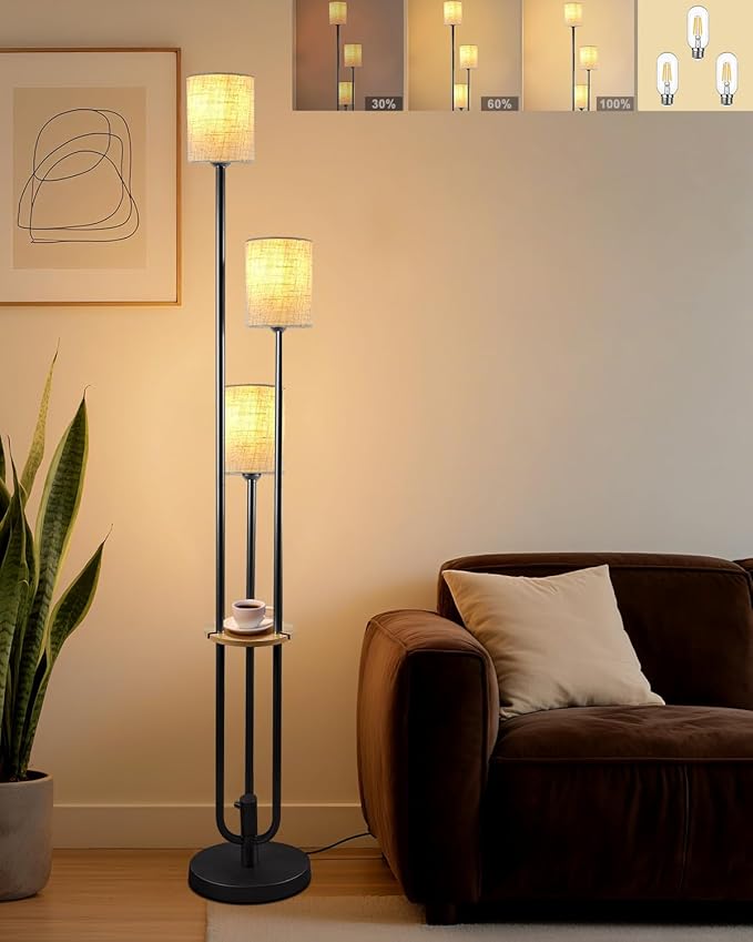 Lightdot 64Inch Floor Lamp with Table Dimmable Floor Lamp for Living Room 3000K Mid Century Modern Black Tall Standing Lamp with Shelf Candle Holder Style for Bedroom Corner(Bulbs Included)