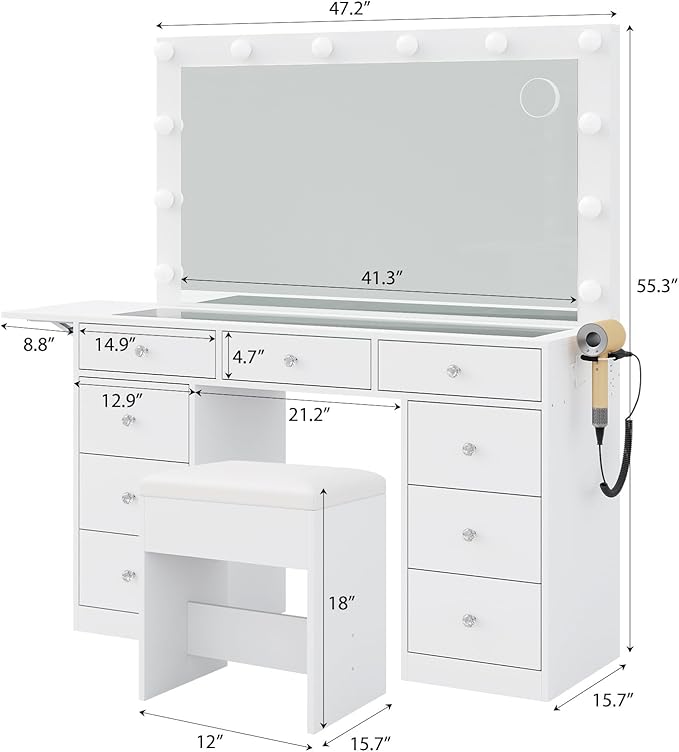 Vanity Desk & Power Outle, Makeup Vanity with Mirror and 12 LED Lights, 9 Drawers Makeup Table with Fold-up Panel, Vanity Set 3 Lighting Modes Brightness Adjustable (White)