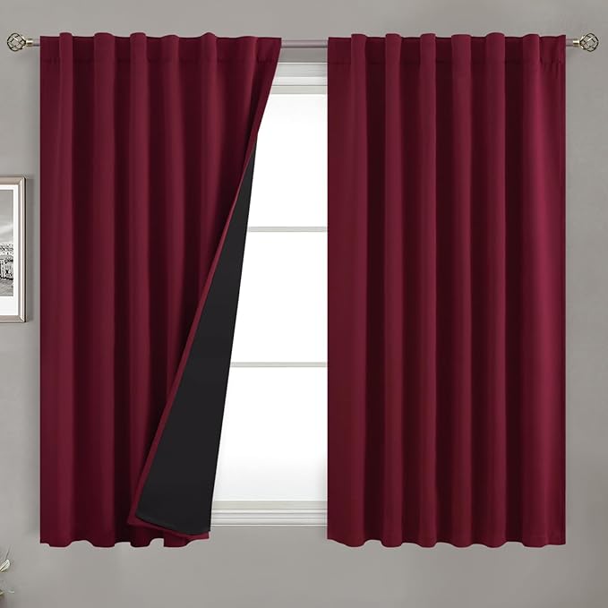 BGment Full Blackout Curtains with Thermal Insulation Liner Curtains 54 Inches Long, Rod Pocket and Back Tab Double Layer Room Darkening Window Curtain for Bedroom(52 x 54 Inch, 2 Panels, Burgundy)