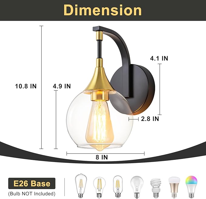 Black and Gold Wall Sconces Set of Two, Modern Wall Sconce Light with Clear Glass Shade,Indoor Wall Light Fixture Wall Lamps for Bedroom, Hallway, Bathroom