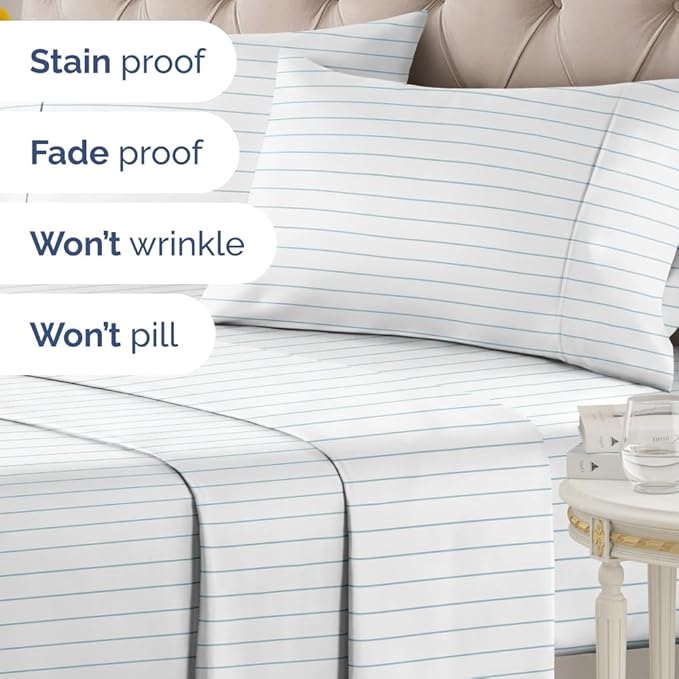 Sky Blue and White Striped Sheets - 1 Flat & 1 Fitted Sheet & 2 Pillowcases w/ Deep Pockets - Wrinkle & Fade Resistant - Ultra-Soft, Breathable & Cooling - Pinstripe Patterned Bed Set - Queen Size